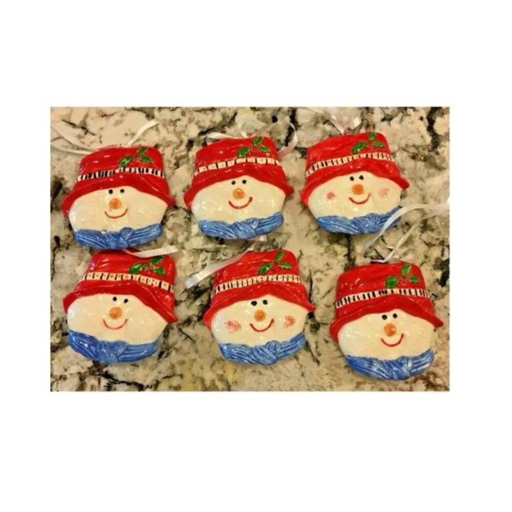 Set of 6 Hand-Painted Ceramic Christmas Ornaments Snowman Head With Hat